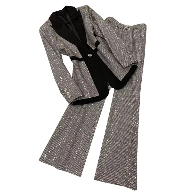 Divatos flitter 2 részes szettek női őszi téli alkalmi hosszú ujjú blézerek kabátok és nadrágok öltöny elegáns irodai női felszerelés