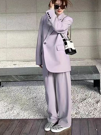 FOTVOTEE Seturi de blaze pentru femei, cu nasturi uni, blazer, haină șic, vara 2024, noua îmbrăcăminte de stradă, pantaloni largi pentru femei cu talie înaltă, din două piese