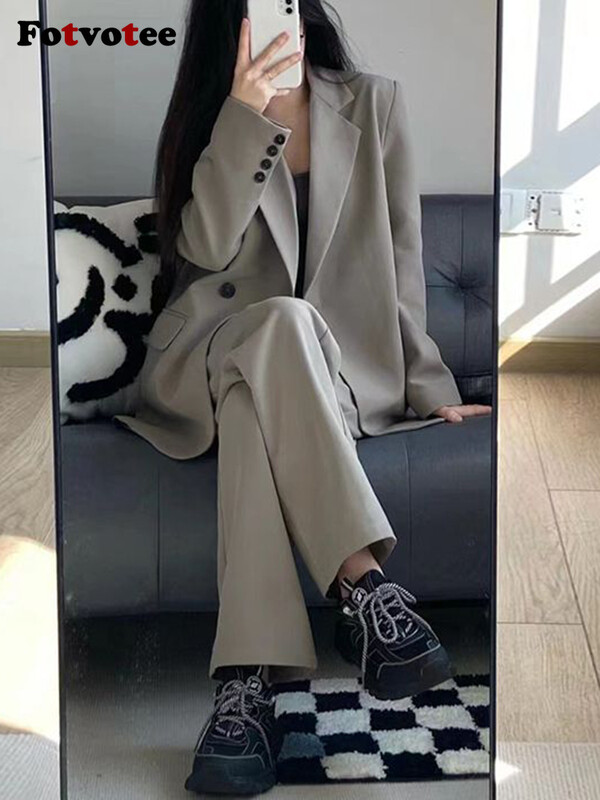 FOTVOTEE Seturi de blaze pentru femei, cu nasturi uni, blazer, haină șic, vara 2024, noua îmbrăcăminte de stradă, pantaloni largi pentru femei cu talie înaltă, din două piese