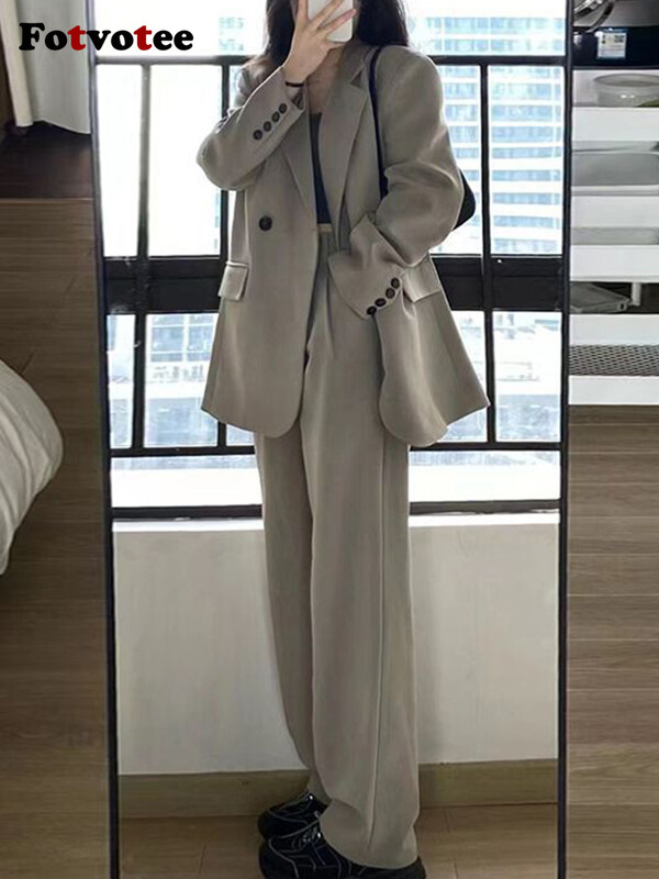 FOTVOTEE Seturi de blaze pentru femei, cu nasturi uni, blazer, haină șic, vara 2024, noua îmbrăcăminte de stradă, pantaloni largi pentru femei cu talie înaltă, din două piese