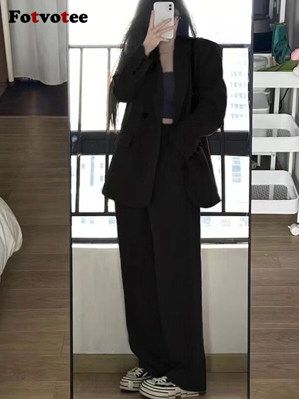 FOTVOTEE Seturi de blaze pentru femei, cu nasturi uni, blazer, haină șic, vara 2024, noua îmbrăcăminte de stradă, pantaloni largi pentru femei cu talie înaltă, din două piese