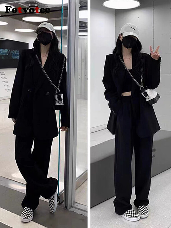 FOTVOTEE Seturi de blaze pentru femei, cu nasturi uni, blazer, haină șic, vara 2024, noua îmbrăcăminte de stradă, pantaloni largi pentru femei cu talie înaltă, din două piese