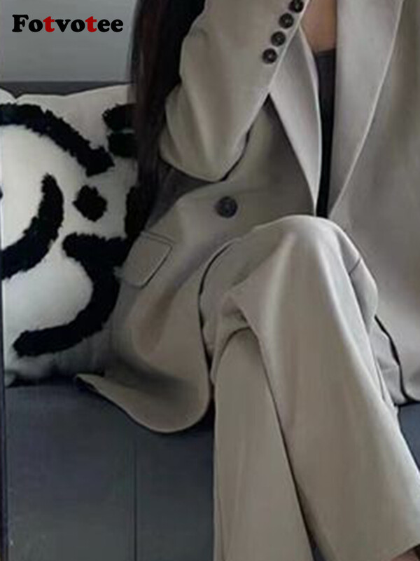 FOTVOTEE Seturi de blaze pentru femei, cu nasturi uni, blazer, haină șic, vara 2024, noua îmbrăcăminte de stradă, pantaloni largi pentru femei cu talie înaltă, din două piese