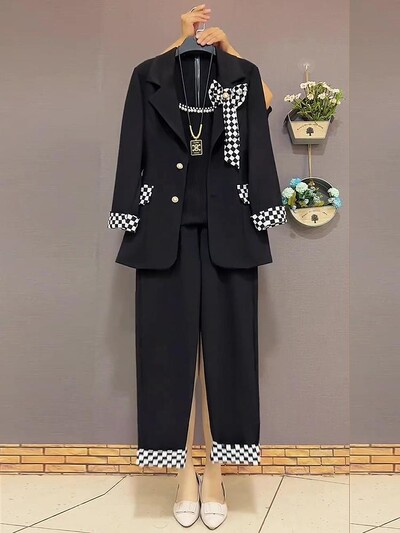 Μεγάλο μέγεθος 6XL γυναικείο κοστούμι καρό μπλέιζερ παλτό γιλέκο μπλούζα και παντελόνι σετ τριών τεμαχίων ασορτί στολή γραφείου Γυναικεία ρούχα εργασίας