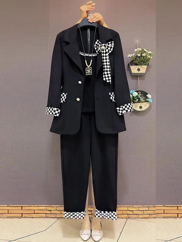 Μεγάλο μέγεθος 6XL γυναικείο κοστούμι καρό μπλέιζερ παλτό γιλέκο μπλούζα και παντελόνι σετ τριών τεμαχίων ασορτί στολή γραφείου Γυναικεία ρούχα εργασίας