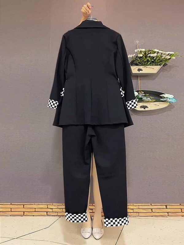 Μεγάλο μέγεθος 6XL γυναικείο κοστούμι καρό μπλέιζερ παλτό γιλέκο μπλούζα και παντελόνι σετ τριών τεμαχίων ασορτί στολή γραφείου Γυναικεία ρούχα εργασίας