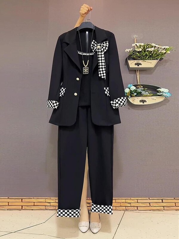 Μεγάλο μέγεθος 6XL γυναικείο κοστούμι καρό μπλέιζερ παλτό γιλέκο μπλούζα και παντελόνι σετ τριών τεμαχίων ασορτί στολή γραφείου Γυναικεία ρούχα εργασίας