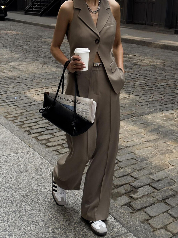 BJTZ irodai női háromrészes szettek női hornyolt gallérral, ujjatlan felsők, hosszú ujjú blézer magas derekú nadrág karcsú női szett