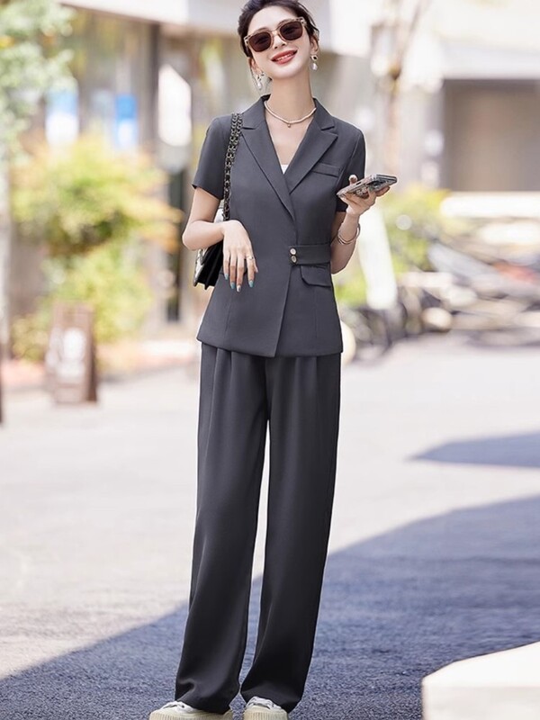 Κοντό μανίκι παντελόνι με φαρδύ πόδι κοστούμι ζιβάγκο Καλοκαίρι Νέα δουλειά μόδας Επαγγελματικά casual γυναικεία ρούχα σετ δύο τεμαχίων