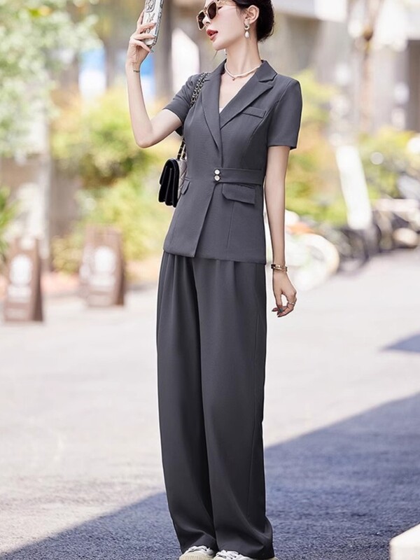 Κοντό μανίκι παντελόνι με φαρδύ πόδι κοστούμι ζιβάγκο Καλοκαίρι Νέα δουλειά μόδας Επαγγελματικά casual γυναικεία ρούχα σετ δύο τεμαχίων