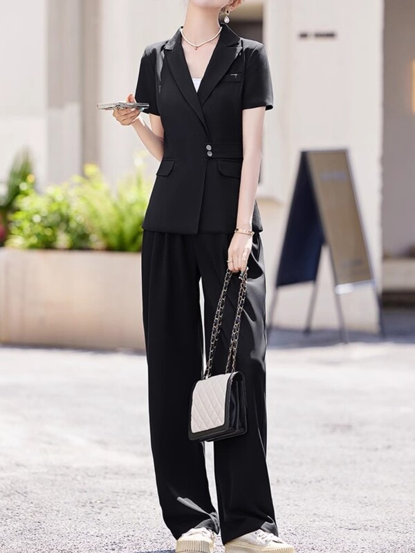 Κοντό μανίκι παντελόνι με φαρδύ πόδι κοστούμι ζιβάγκο Καλοκαίρι Νέα δουλειά μόδας Επαγγελματικά casual γυναικεία ρούχα σετ δύο τεμαχίων