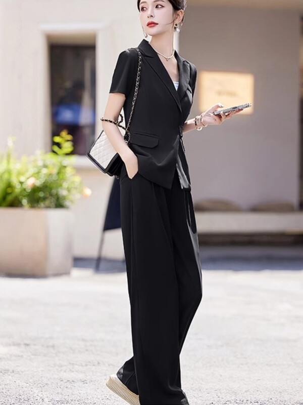 Κοντό μανίκι παντελόνι με φαρδύ πόδι κοστούμι ζιβάγκο Καλοκαίρι Νέα δουλειά μόδας Επαγγελματικά casual γυναικεία ρούχα σετ δύο τεμαχίων