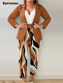 Eotvotee 2 részes női szett nyomtatott túlméretezett irodai női laza blézerek alkalmi egyenes, magas derekú nadrág üzleti nadrág szett