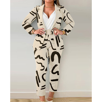 Eotvotee 2 részes női szett nyomtatott túlméretezett irodai női laza blézerek alkalmi egyenes, magas derekú nadrág üzleti nadrág szett