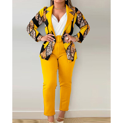 Eotvotee 2 részes női szett nyomtatott túlméretezett irodai női laza blézerek alkalmi egyenes, magas derekú nadrág üzleti nadrág szett