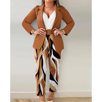 Eotvotee 2 részes női szett nyomtatott túlméretezett irodai női laza blézerek alkalmi egyenes, magas derekú nadrág üzleti nadrág szett