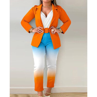 Eotvotee 2 részes női szett nyomtatott túlméretezett irodai női laza blézerek alkalmi egyenes, magas derekú nadrág üzleti nadrág szett