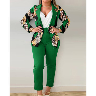 Eotvotee 2 részes női szett nyomtatott túlméretezett irodai női laza blézerek alkalmi egyenes, magas derekú nadrág üzleti nadrág szett