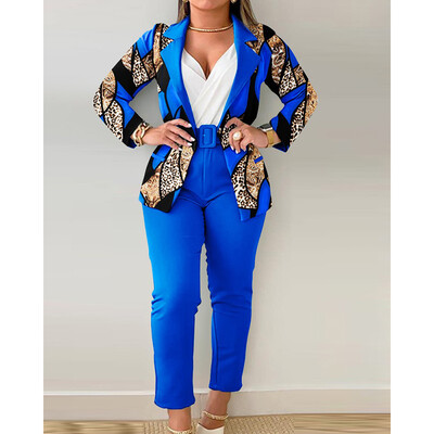 Eotvotee 2 részes női szett nyomtatott túlméretezett irodai női laza blézerek alkalmi egyenes, magas derekú nadrág üzleti nadrág szett