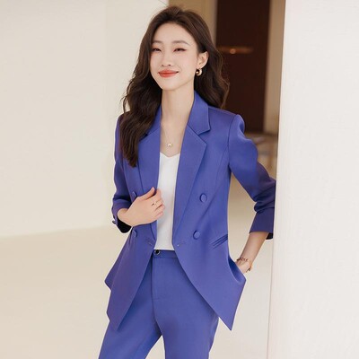 Νέο 2023 Γυναικείο κομψό, επίσημο επαγγελματικό σακάκι με διπλό στήθος και ψηλόμεσο παντελόνι μέχρι τον αστράγαλο σετ δύο τεμαχίων Slim Ladies trend