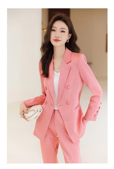 Νέο 2023 Γυναικείο κομψό, επίσημο επαγγελματικό σακάκι με διπλό στήθος και ψηλόμεσο παντελόνι μέχρι τον αστράγαλο σετ δύο τεμαχίων Slim Ladies trend