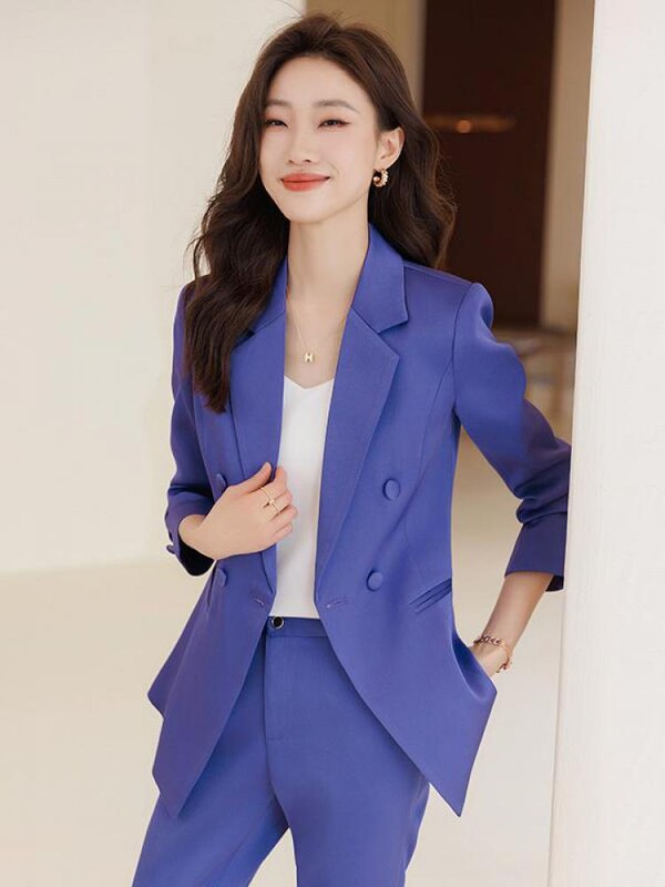 Νέο 2023 Γυναικείο κομψό, επίσημο επαγγελματικό σακάκι με διπλό στήθος και ψηλόμεσο παντελόνι μέχρι τον αστράγαλο σετ δύο τεμαχίων Slim Ladies trend