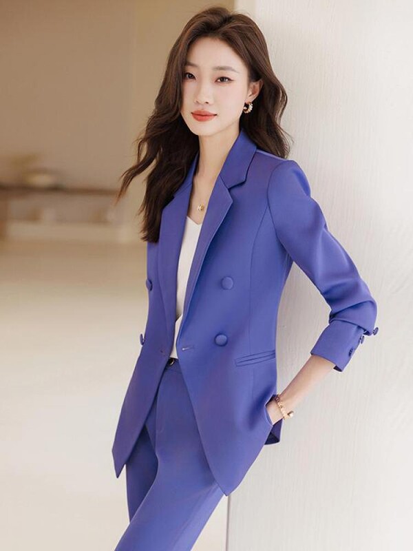 Νέο 2023 Γυναικείο κομψό, επίσημο επαγγελματικό σακάκι με διπλό στήθος και ψηλόμεσο παντελόνι μέχρι τον αστράγαλο σετ δύο τεμαχίων Slim Ladies trend