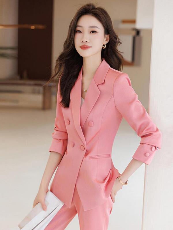 Νέο 2023 Γυναικείο κομψό, επίσημο επαγγελματικό σακάκι με διπλό στήθος και ψηλόμεσο παντελόνι μέχρι τον αστράγαλο σετ δύο τεμαχίων Slim Ladies trend