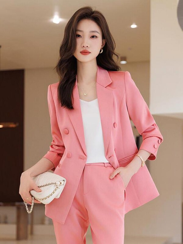Νέο 2023 Γυναικείο κομψό, επίσημο επαγγελματικό σακάκι με διπλό στήθος και ψηλόμεσο παντελόνι μέχρι τον αστράγαλο σετ δύο τεμαχίων Slim Ladies trend