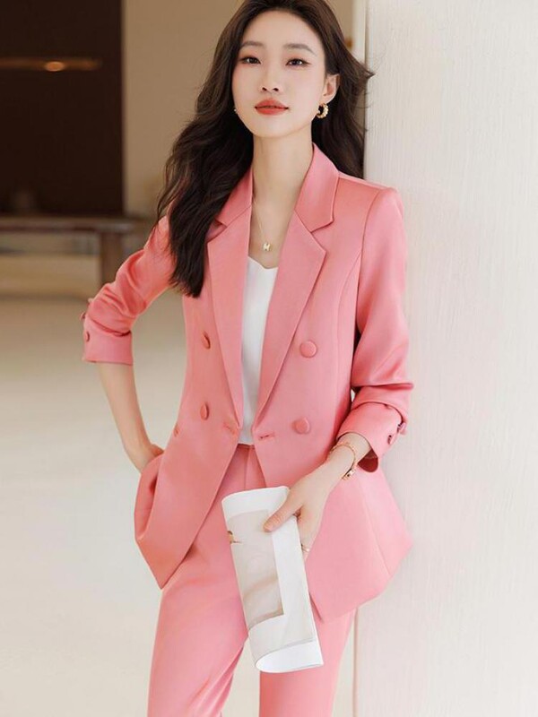 Νέο 2023 Γυναικείο κομψό, επίσημο επαγγελματικό σακάκι με διπλό στήθος και ψηλόμεσο παντελόνι μέχρι τον αστράγαλο σετ δύο τεμαχίων Slim Ladies trend