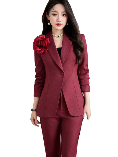 Costum cu pantaloni elegant, roșu și negru, pentru femei, pentru birou, pentru femei, îmbrăcăminte de lucru pentru afaceri, set de 2 piese, blazer formal, jachetă, haină și pantaloni