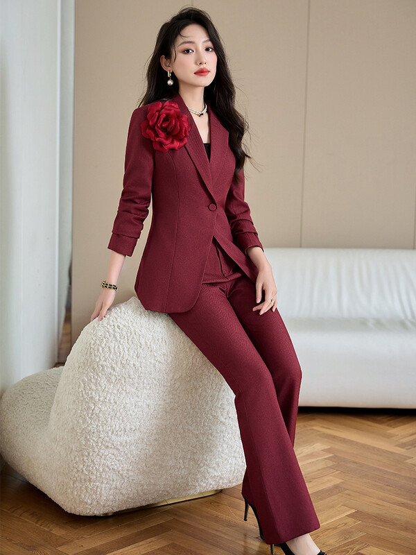 Costum cu pantaloni elegant, roșu și negru, pentru femei, pentru birou, pentru femei, îmbrăcăminte de lucru pentru afaceri, set de 2 piese, blazer formal, jachetă, haină și pantaloni