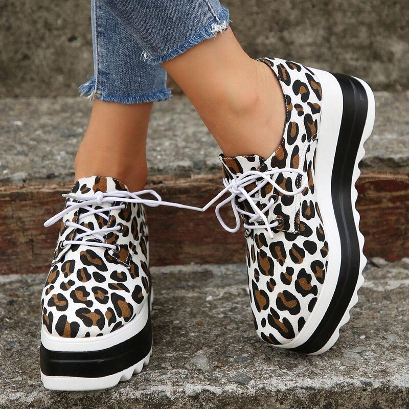 Sieviešu apavi ar biezu zoli, šņorējami, apaļi purngalu apavi Leoparda apdrukas ikdienišķas formālas sandales Lielizmēra biezas platformas audekla kurpes