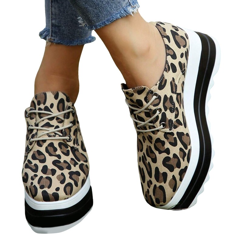 Sieviešu apavi ar biezu zoli, šņorējami, apaļi purngalu apavi Leoparda apdrukas ikdienišķas formālas sandales Lielizmēra biezas platformas audekla kurpes