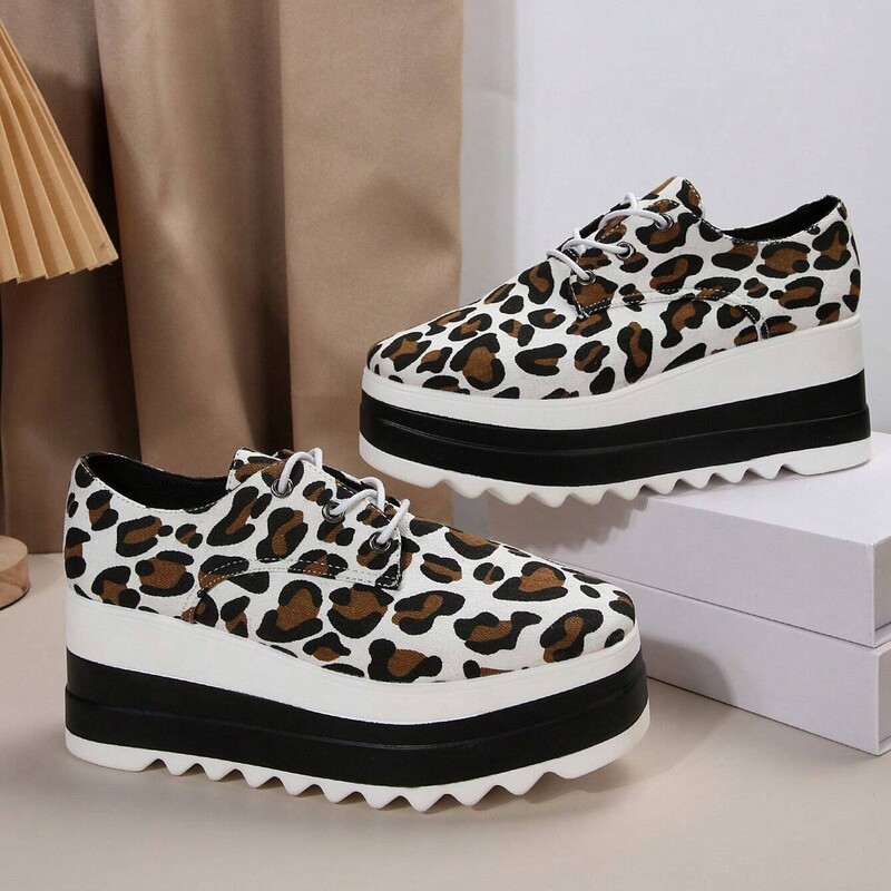 Sieviešu apavi ar biezu zoli, šņorējami, apaļi purngalu apavi Leoparda apdrukas ikdienišķas formālas sandales Lielizmēra biezas platformas audekla kurpes