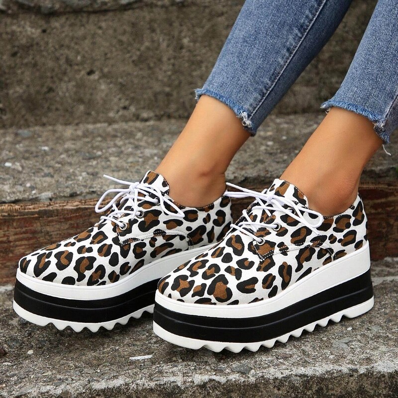 Sieviešu apavi ar biezu zoli, šņorējami, apaļi purngalu apavi Leoparda apdrukas ikdienišķas formālas sandales Lielizmēra biezas platformas audekla kurpes