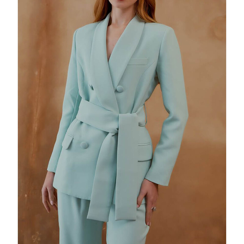 Κομψά μονόχρωμα σετ γυναικείων κοστουμιών με διπλό στήθος, σαλόνι ρεβέρ, επίσημη περίσταση Κομψό προσαρμοσμένο σετ παντελονιών 2 τεμαχίων