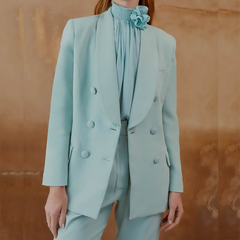 Κομψά μονόχρωμα σετ γυναικείων κοστουμιών με διπλό στήθος, σαλόνι ρεβέρ, επίσημη περίσταση Κομψό προσαρμοσμένο σετ παντελονιών 2 τεμαχίων