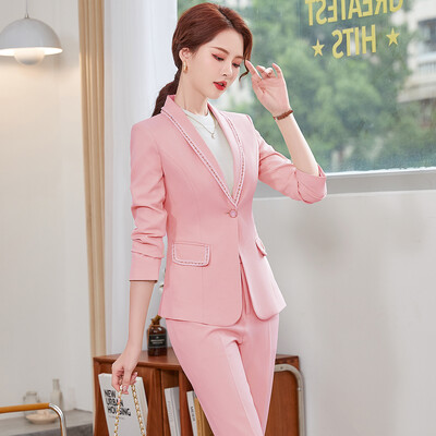 Női irodai munkaruha nadrágkosztüm dzseki női rózsaszín fekete zöld sárgabarack hosszú ujjú klasszikus tömör kétrészes blézer szett