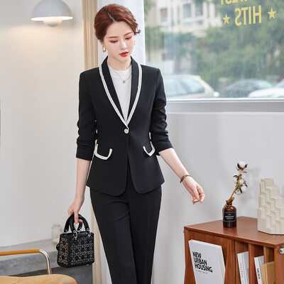 Női irodai munkaruha nadrágkosztüm dzseki női rózsaszín fekete zöld sárgabarack hosszú ujjú klasszikus tömör kétrészes blézer szett