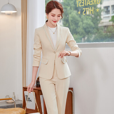 Női irodai munkaruha nadrágkosztüm dzseki női rózsaszín fekete zöld sárgabarack hosszú ujjú klasszikus tömör kétrészes blézer szett