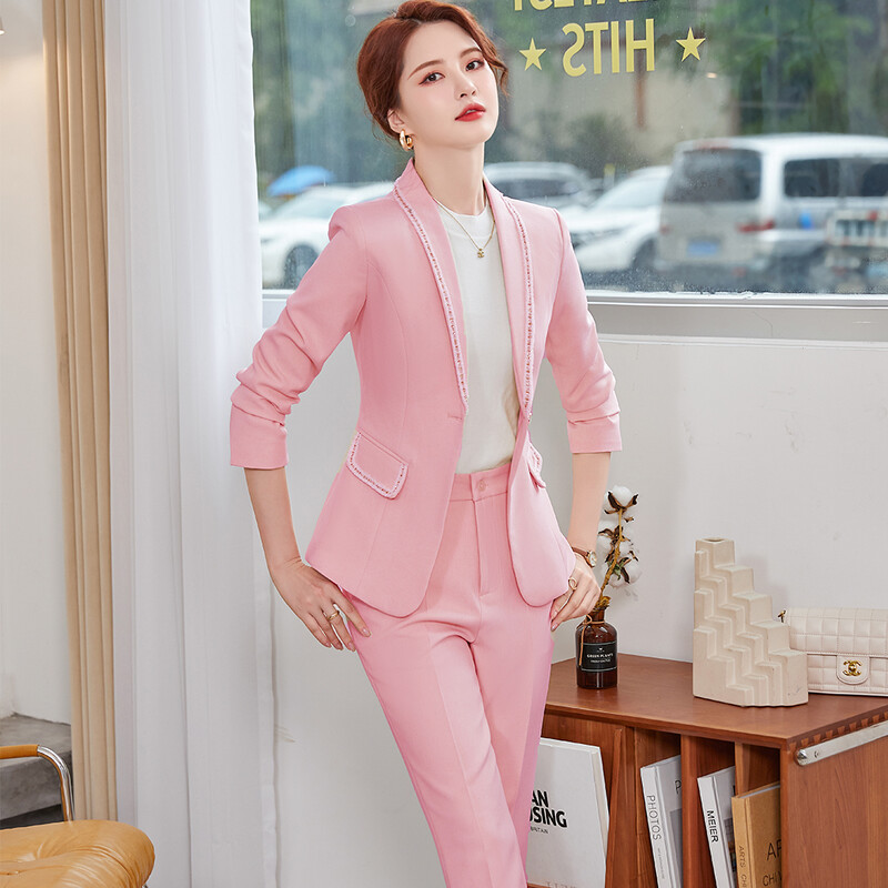 Női irodai munkaruha nadrágkosztüm dzseki női rózsaszín fekete zöld sárgabarack hosszú ujjú klasszikus tömör kétrészes blézer szett