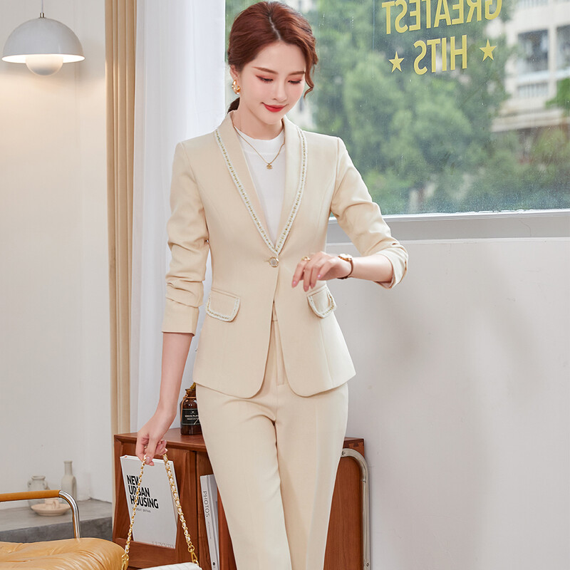 Női irodai munkaruha nadrágkosztüm dzseki női rózsaszín fekete zöld sárgabarack hosszú ujjú klasszikus tömör kétrészes blézer szett