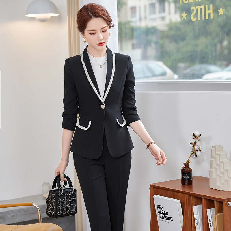 Női irodai munkaruha nadrágkosztüm dzseki női rózsaszín fekete zöld sárgabarack hosszú ujjú klasszikus tömör kétrészes blézer szett