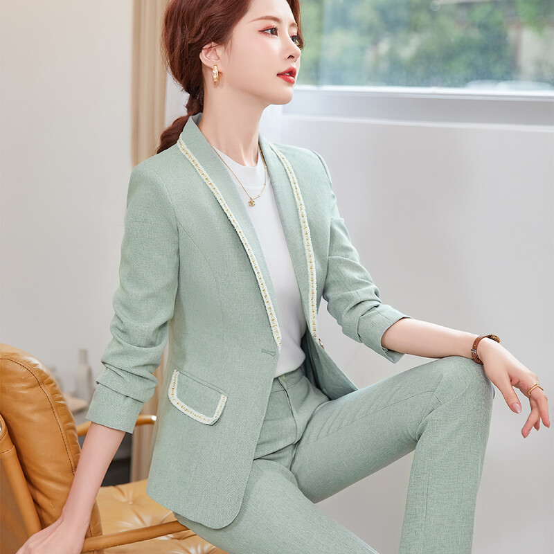 Női irodai munkaruha nadrágkosztüm dzseki női rózsaszín fekete zöld sárgabarack hosszú ujjú klasszikus tömör kétrészes blézer szett