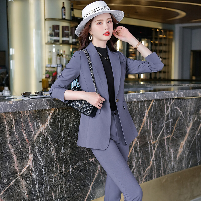 Φθινόπωρο Χειμώνας 2021 Νέο μοντέρνο κοστούμι παντελόνι για γυναίκες μαύρο μωβ γκρι Γυναικείο επαγγελματικό επίσημο επαγγελματικό μπλέιζερ και παντελόνι