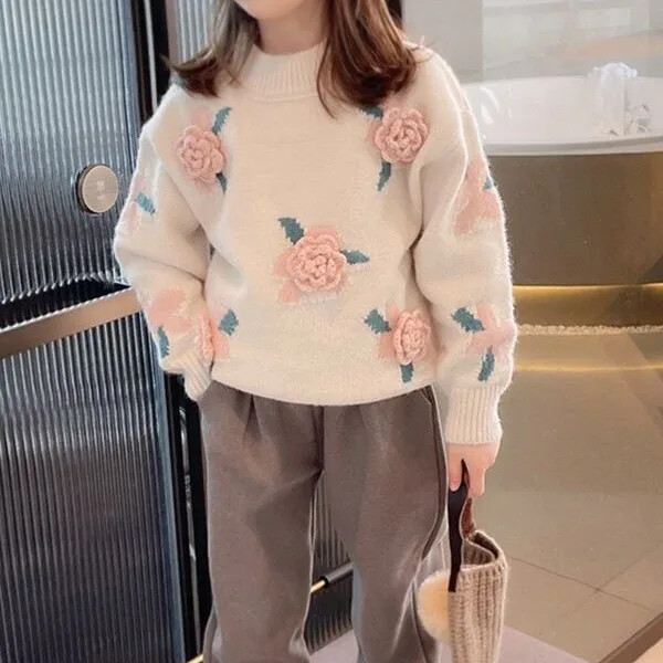 Stilingas gėlėtas megztinis megztinis mergaitėms, 2023 m. Naujas rudens/žiemos korėjietiškos versijos vaikiškas džemperis, jaukus, šiltas