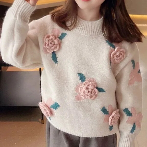 Stilingas gėlėtas megztinis megztinis mergaitėms, 2023 m. Naujas rudens/žiemos korėjietiškos versijos vaikiškas džemperis, jaukus, šiltas