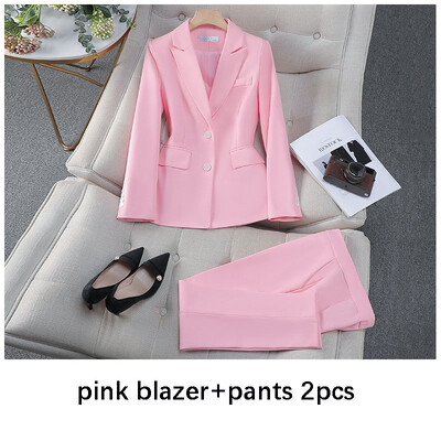 Női öltöny blézer nadrág 2 részes alkalmi irodai női nadrág szettek egysoros rózsaszín dzseki ballagási esküvői ruhákhoz