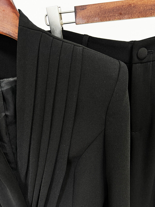 VC New 2024 Toamna Guler plisat Blazer Jachetă Costum cu decolteu în V Talie înaltă Pantaloni largi ocazional cu picioare largi Set negru din două piese